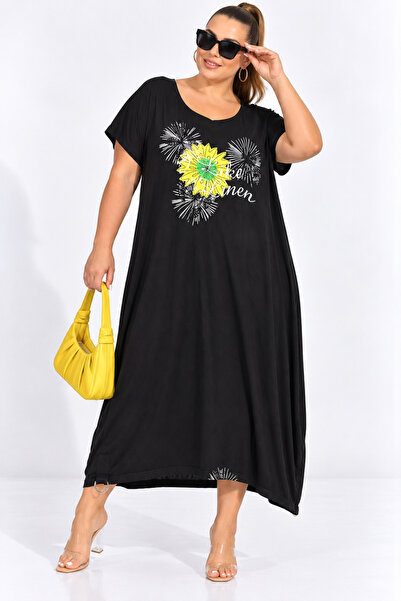 Trieste Plus Size Floral Appliqué Printed Asymmetrical Women's Dress with Rin...
