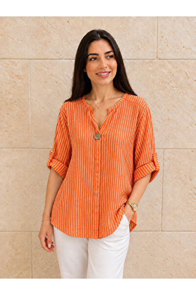 AGORATEKSTİL Women's Striped Cotton Single Button Blouse 42-46