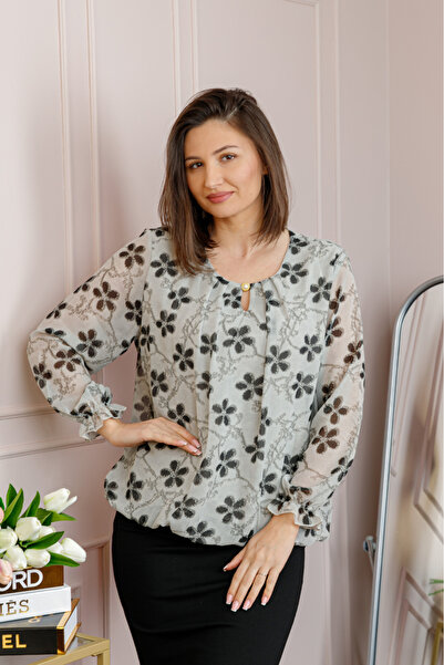 OEM Bluza dama Pauline din voal gri cu imprimeu floral negru