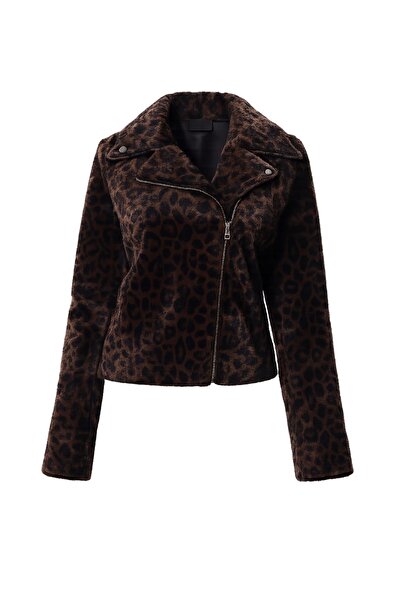 Butik İDL FASHION Kadın Kahverengi Leopar Desenli Fermuarlı Ceket