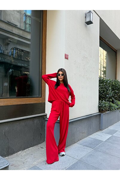 LE CARAMBOLE Kadın Kırmızı Oversize Bluz Bol Paça Pantolon İkili Takım