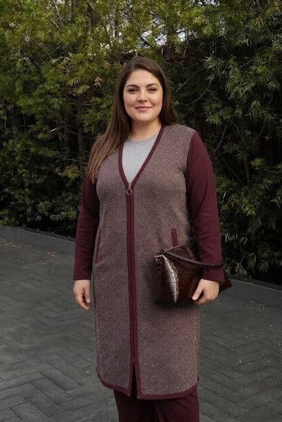 onno style women Patterned Steel Knitted Long Women's Jacket
