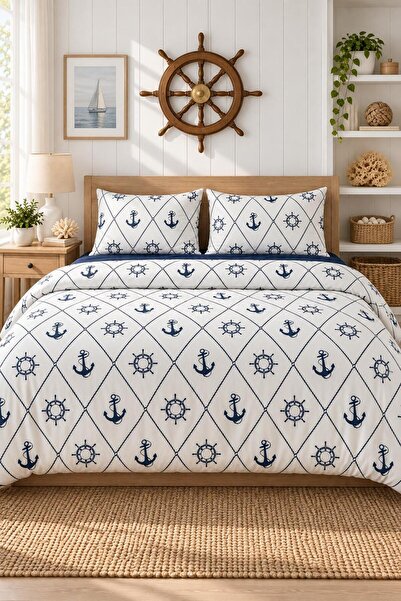 Eponj Home Easy-Iron Duvet Cover Set Double Size Anchor Navy Blue