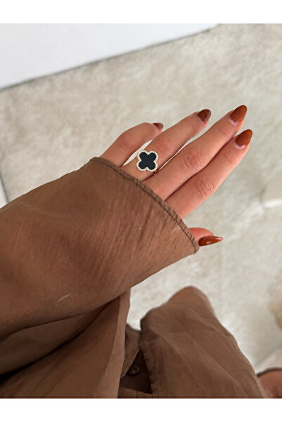 ANKA JEWELLRY خاتم نسائي من الفولاذ الأسود على شكل زهرة بأربع أوراق مرصع بالأ...