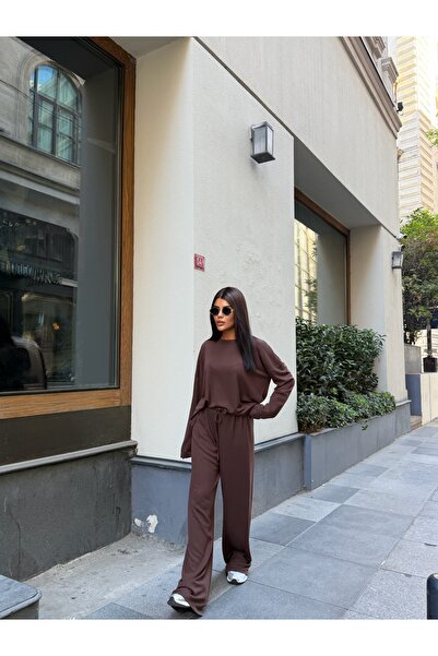 LE CARAMBOLE Kadın Kahverengi Oversize Bluz Bol Paça Pantolon İkili Takım