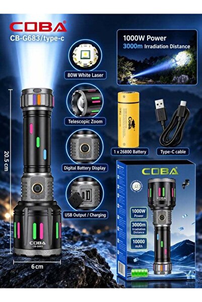 COBA CB-G683 Type-C Rechargeable Telescopic Zoom Flashlight with Digital Disp...