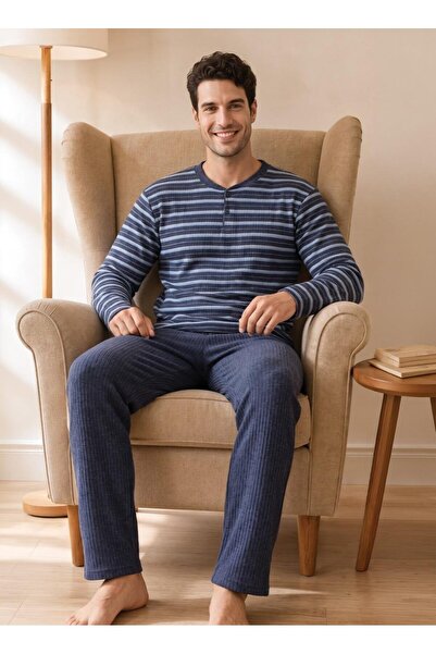 MEBA Men's Interlock Winter Collar Buttoned Long Sleeve Striped Pajama Set