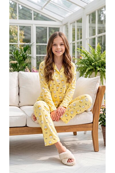 Mia Homewear ÇOCUK SARI TAVŞANCIK DESENLİ ÖNDEN DÜĞMELİ MİLAN UZUN KOLLU PİJA...