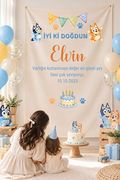 Puppetzzz BLUEY Çizgi Film Temalı Kişiye Özel İsimli Doğum günü Dekoratif Ban...