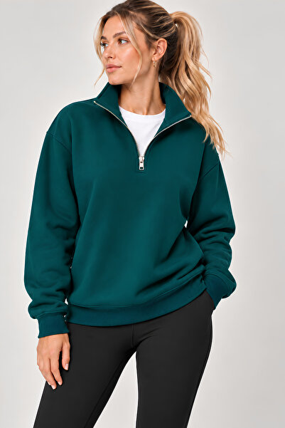 GENIUS STORE Kadın Sweatshirt Dik Yaka Yarım Fermuarlı Oversize Kalıp İçi Pol...