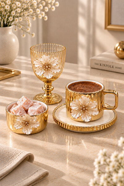 YzHome 2 Kişilik Porselen Gold Lotus Kahve Fincan Takımı Seti Kahve Yanı Bardak - Porselen Lokumluk