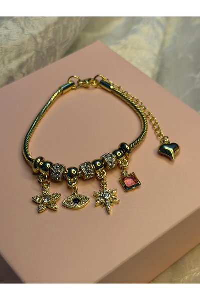 Lüks Çelik Tasarım Nazar ve Şans Temalı Charm Model Gold Kadın Bileklik CL09