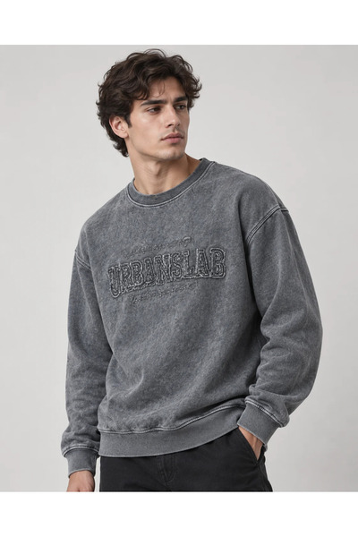 Yıkamalı Antrasit Nakışlı Oversize Erkek Sweatshirt