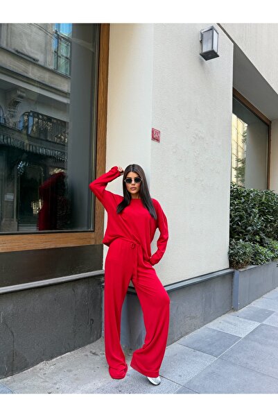LE CARAMBOLE Kadın Kırmızı Oversize Bluz Bol Paça Pantolon İkili Takım