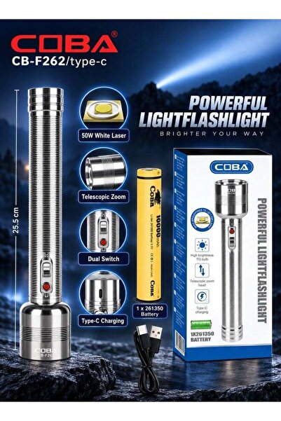 COBA CB-F262 Type-C Rechargeable Telescopic Zoom Flashlight – 50W White Laser