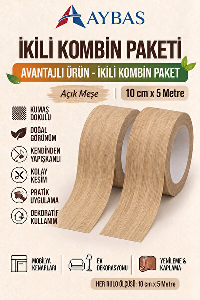 Aybas 10 cm x 5 Metre 2'li Açık Meşe Kendinden Yapışkanlı Ahşap Desenli Kumaş...