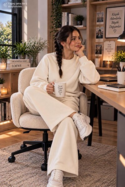 EMMODA Kadın Kapüşonsuz Sweatshirt Bol Paça Eşofman Takımı İkili Set