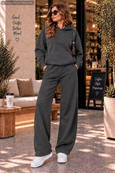 EMMODA Kadın Kapüşonlu Kanguru Cepli Geniş Paça İkili Eşofman Takımı Oversize