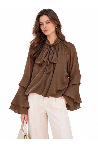 TENA Women's Coffee Color Tie-Neck Blouse with Ruffled Sleeves