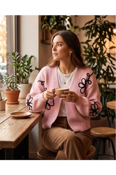 Trend Kapında Floral Motif Knitwear Cardigan