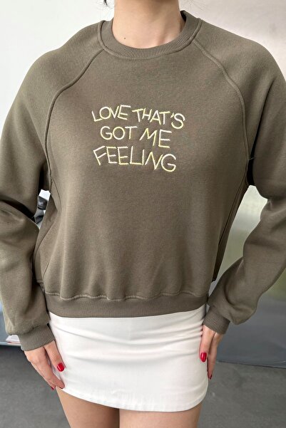 GİYSA Kadın Bisiklet Yaka Yazı Nakışlı Sweatshirt Haki - 27K 2714