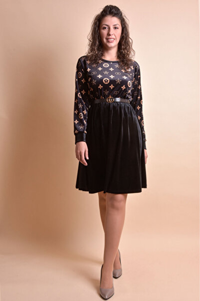 Generic Brand Rochie din catifea neagra cu imprimeu crem si curea in talie