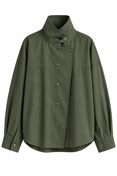 Laluvia Khaki Snap Button Shirt Jacket - 5131