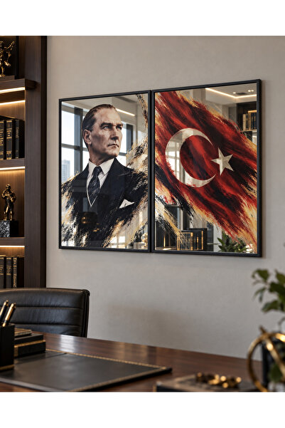 sümercam İstiklal Ruhu Atatürk ve Türk Bayrağı Aynalı Metal Tablo Seti 58x40 cm