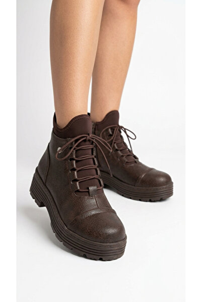 Limeo Women's Leather-Look Lace-Up Thick Sole Casual Boots