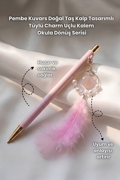 Elifsu Jewelry Doğal Taş Kalp Tasarımlı Tüylü Charm Uçlu Kalem Okula Dönüş Se...