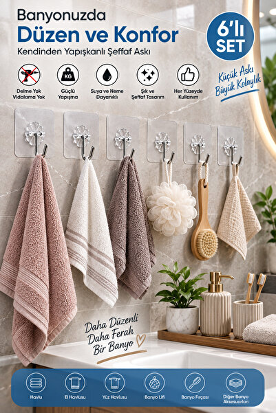 Mim Life 6’lı Kendinden Yapışkanlı Şeffaf Duvar Askısı – Metal Krom Uçlu Güçlü Yapışkanlı Kanca, Delmeden Vidasız Banyo Mutfak Askısı