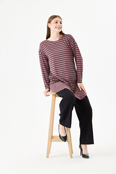 MODA VUSLAT Women's Black Striped Brown Long Sleeve Tunic