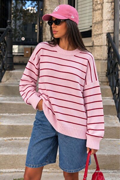 Madmext Pembe Çizgili Kadın Triko Kazak MG1262