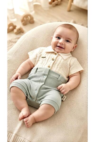 Sinem Çeyiz Million Iq Babies 1050 Water Green Wooden Button Half Sleeve Waff...