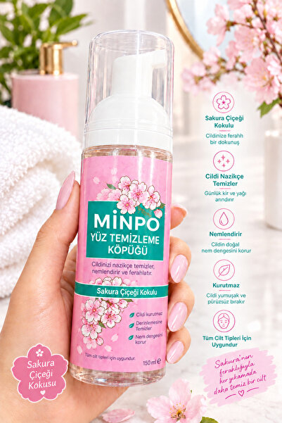 MİNPO Sakura Çiçeği Kokulu Yüz Temizleme Köpüğü 150 ml – Nemlendirici ve Deri...