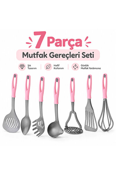 NAZLIM 7 Parça pembe Saplı Plastik Mutfak Gereçleri Seti – Kepçe, Spatula, Çı...