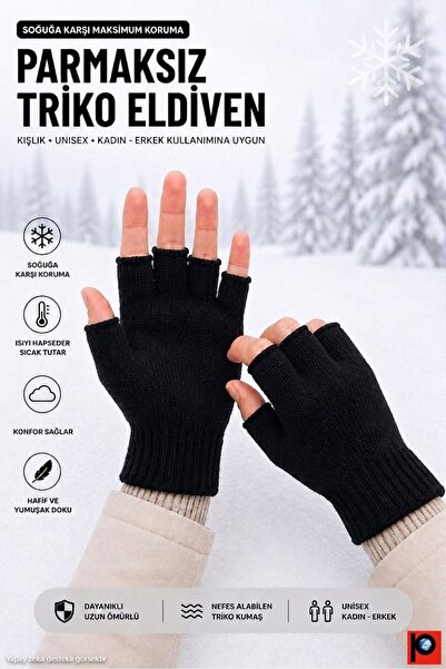 vedat paker giyim sanayi Winter Black Unisex Fingerless Knitwear Cut-Out Half...