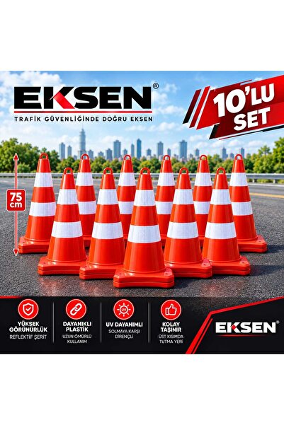 TRAFİKSAN 75 cm Trafik Konisi 1O' lU Yol Trafik Koni Reflektörlü Plastik Otop...