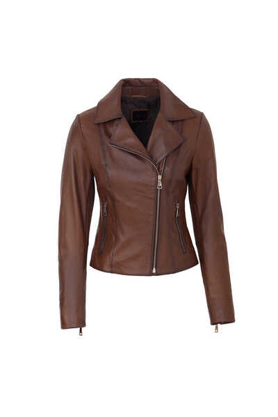 Tergan Taba Hakiki Deri Kadın Deri Biker Mont - K26KDM320503-R46