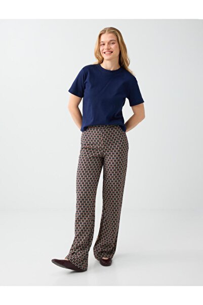Jimmy Key Navy Blue Floral Patterned Wide Leg Cotton Blend Trousers