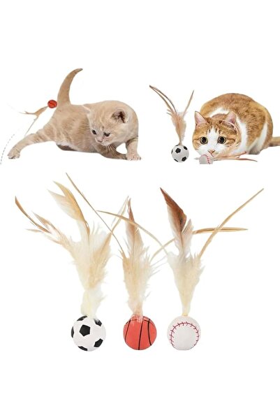 XLOTS 3PCS Cat Feather Ball Toy Set - Elastic Bouncy Cat Toys with Feather Ta...