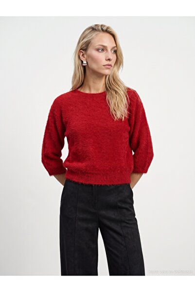 Dilvin 10852 Crew Neck Soft Textured Sweater-Red