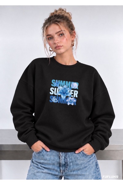 FUFLUNS SWEATSHIRT DE DAMĂ SUPRADimensionat, CU GULER ROTUND, CU IMPRIMEU FLO...