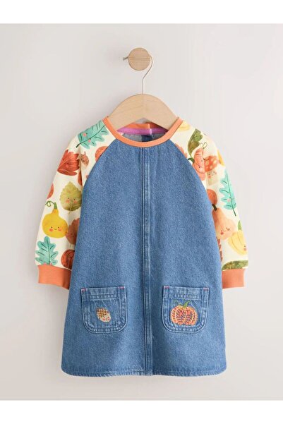 Next Baby Pamuklu Denim Baskılı Uzun Kollu Elbise