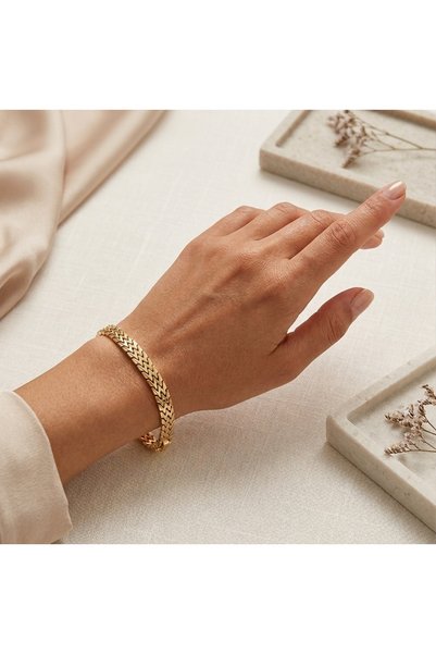 Rostil Efect Brățară din oțel inoxidabil galvanizată cu aur de 14K, cu design spic de grâu tip chevron