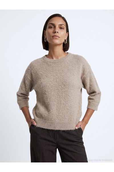 Dilvin 10852 Crew Neck Soft Textured Sweater-Mink