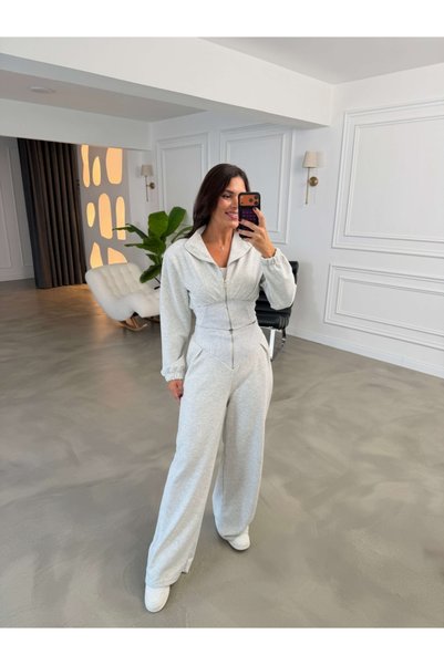 Elif Özbey Butik Gri Beli Ribanalı Fermuarlı Takım