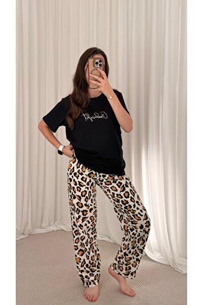 Hepsi Moda Altı Leopar Desenli Kısa Kollu Pijama Takım - Siyah & Ekru