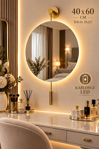 Wallover Design Gerçek Gold Metal Kablosuz Led'li Dekoratif Duvar Aynası - Or...