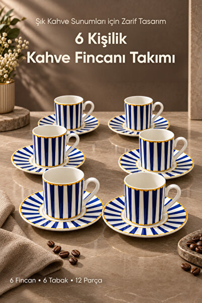 Vienev 6 Kişilik Mavi Çizgili Porselen Kahve Fincanı Takımı 12 Parça Altın Ya...